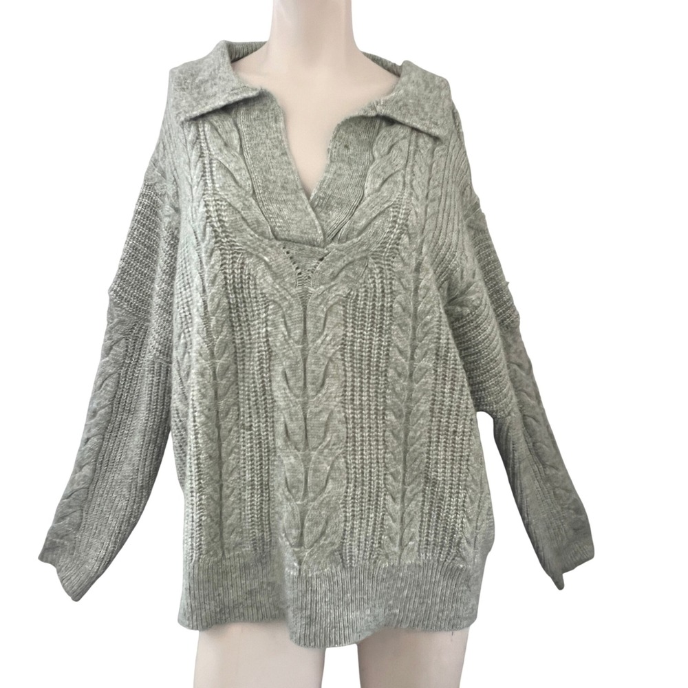 Womens XXL Green Cable Knit Collared Sweater Long Sleeve Pullover Cozy Cabincore